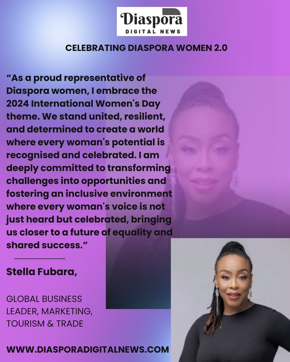diaspora_news's tweet photo. CELEBRATING DIASPORA WOMEN 2.O 
⏬
#InternationalWomensMonth
📍
DAY 11👏: Celebrating the visionary Global Leader @FubaraStella
.
.
.
#IWD2024 
#InspireInclusion2024 
#AccelerateProgress 
#CelebratingDiasporaWomen https://t.co/9nUbRMJDgL