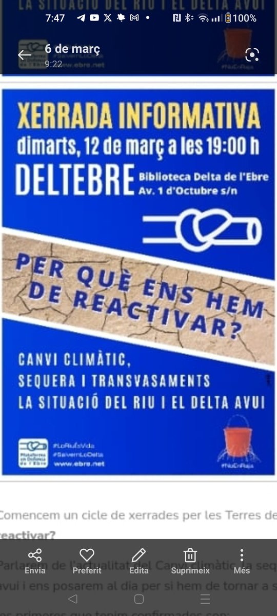 Avui dimarts 12/3/24 a les 19 h la <a href="/PDE/">Defensa de l'Ebre</a> farà una nova xerrada informativa a la biblioteca de #Deltebre
Ens veiem en unes hores!
#LoRiuÉsVida
#SalvemLoDelta
