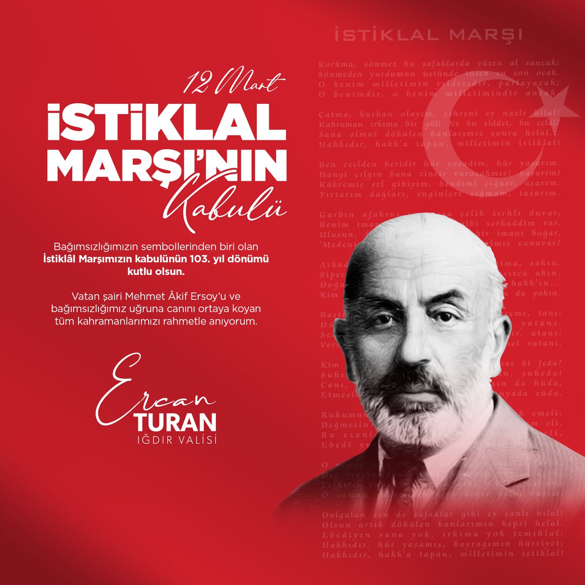 valiercanturan's tweet photo. “Hakkıdır, hür yaşamış, bayrağımın hürriyet,
Hakkıdır, Hakk'a tapan milletimin istiklâl!” 🇹🇷

Bağımsızlığımızın sembollerinden biri olan İstiklâl Marşımızın kabulünün 103. yıl dönümü kutlu olsun.

Vatan şairi Mehmet Âkif Ersoy’u ve bağımsızlığımız uğruna canını ortaya koyan tüm kahramanlarımızı rahmetle anıyorum.