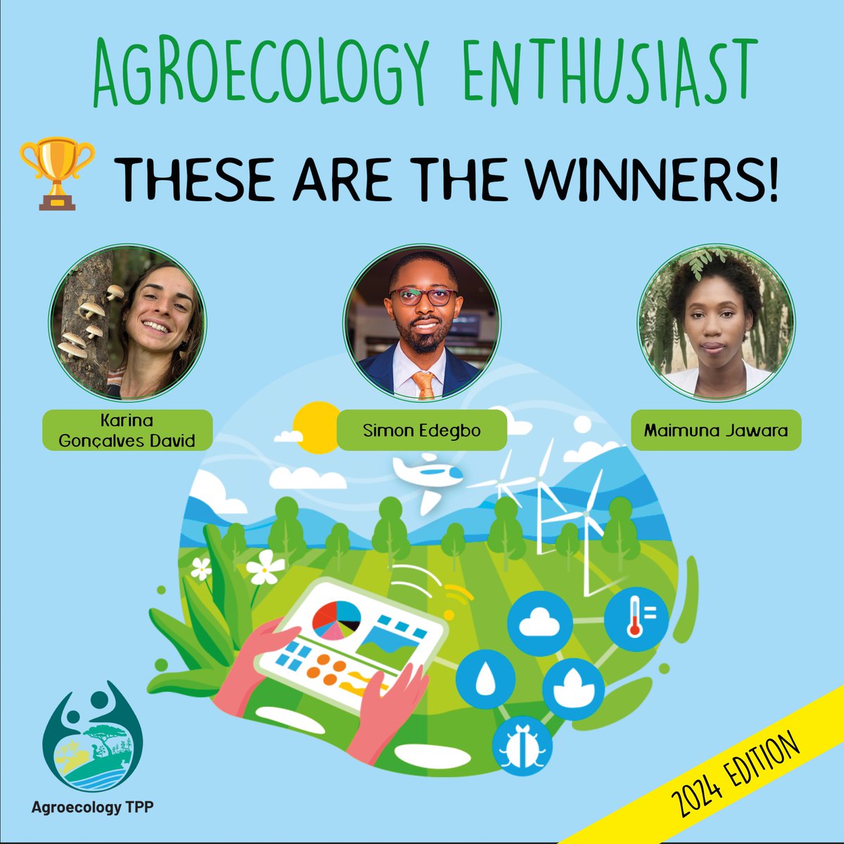 Meet the winners!

The agroecology TPP has announced the winners of the Agroecology contest, 2024 edition.

Simon Edegbo, Karina Goncales David and Maimuna Jawara.

They will be attending the Agroecology TPP event in Nairobi on 12th and 13th March.

Congatulations!

#aeTPP