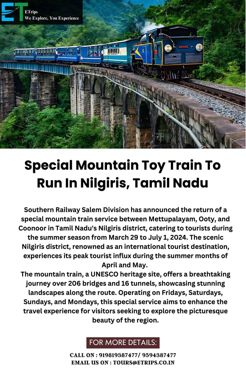 Special Mountain Toy Train To Run In Nilgiris, Tamil Nadu
@tntourismoffcl #MountainToyTrain #Nilgiris #TamilNadu #Etrips #Flightbooking #Hotelbooking #Tourpackage #Booknow #ScenicRailway #TouristAttraction #UNESCOHeritage #SummerSpecial #TravelExperience #Travelupdates