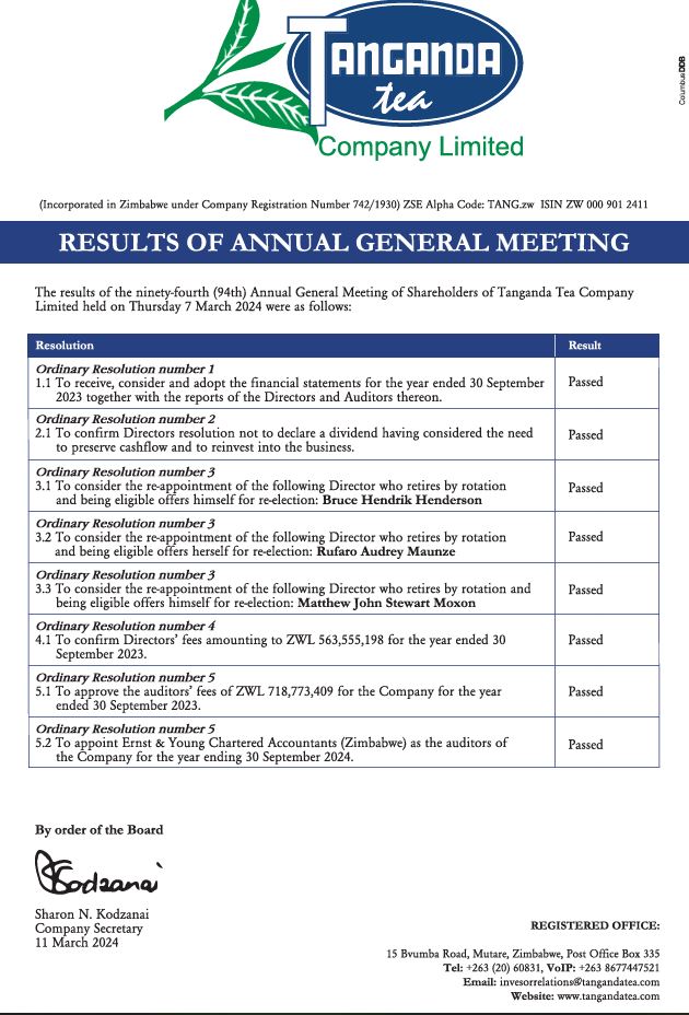 Tanganda Company Limited Results of Annual General Meeting held on 7 March 2024