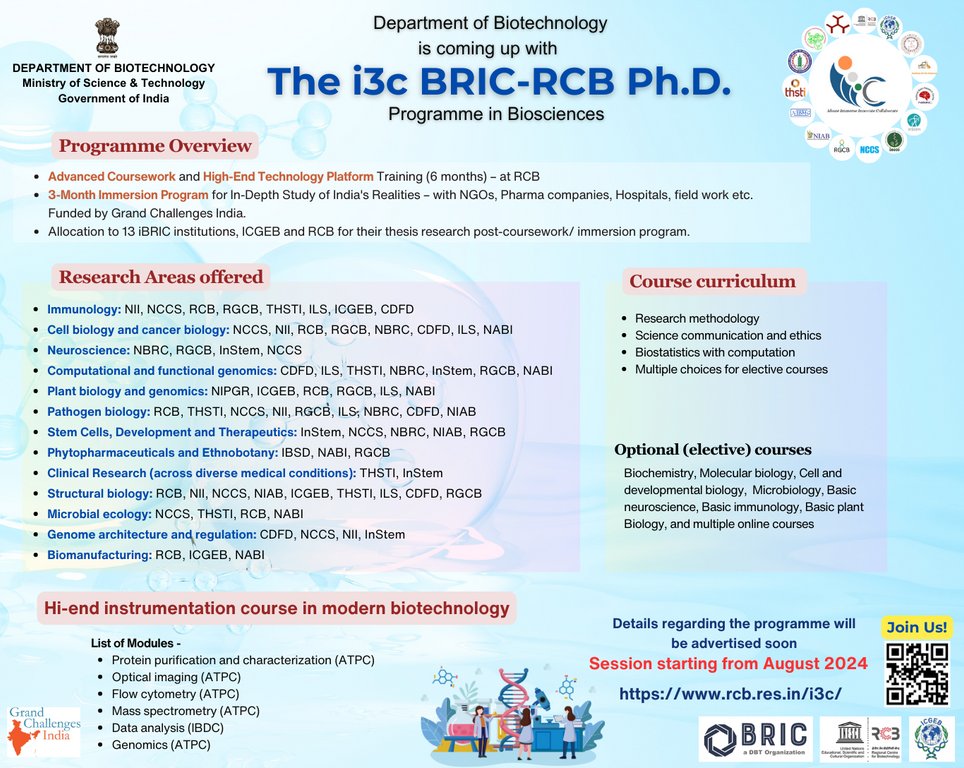 NABI_India's tweet image. The unique i3c BRIC-RCB PhD program in Biosciences coming up soon. Session starting from August 2024. Stay tuned for more details.   #DrJitendraSingh #AshwaniPareek10 #rajeah_gokhale #DBT_India