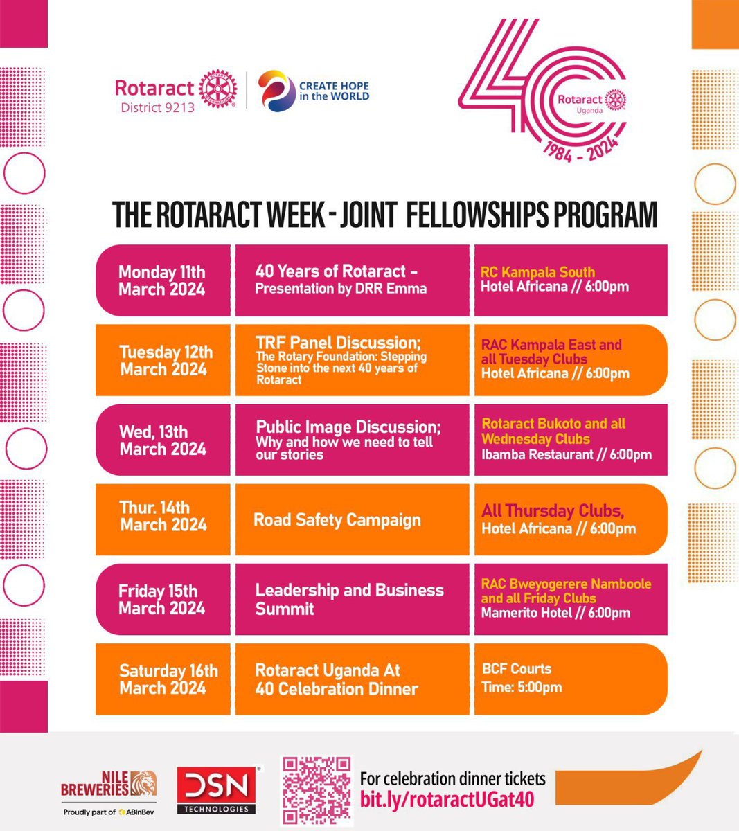 HAPPY ROTARACT WEEK:
We are delighted to join the rest of the Rotaract family as we celebrate 40yrs of Rotaract in Uganda
we are proud to be part of this Journey 
This Wednesday we shall join other Wednesday clubs to participate in the celebrations
see you there
#RotaractUgat40