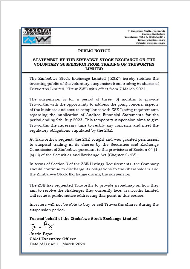 Public Notice: Statement by the Zimbabwe Stock Exchange on the voluntary suspension from trading of Truworths Limited