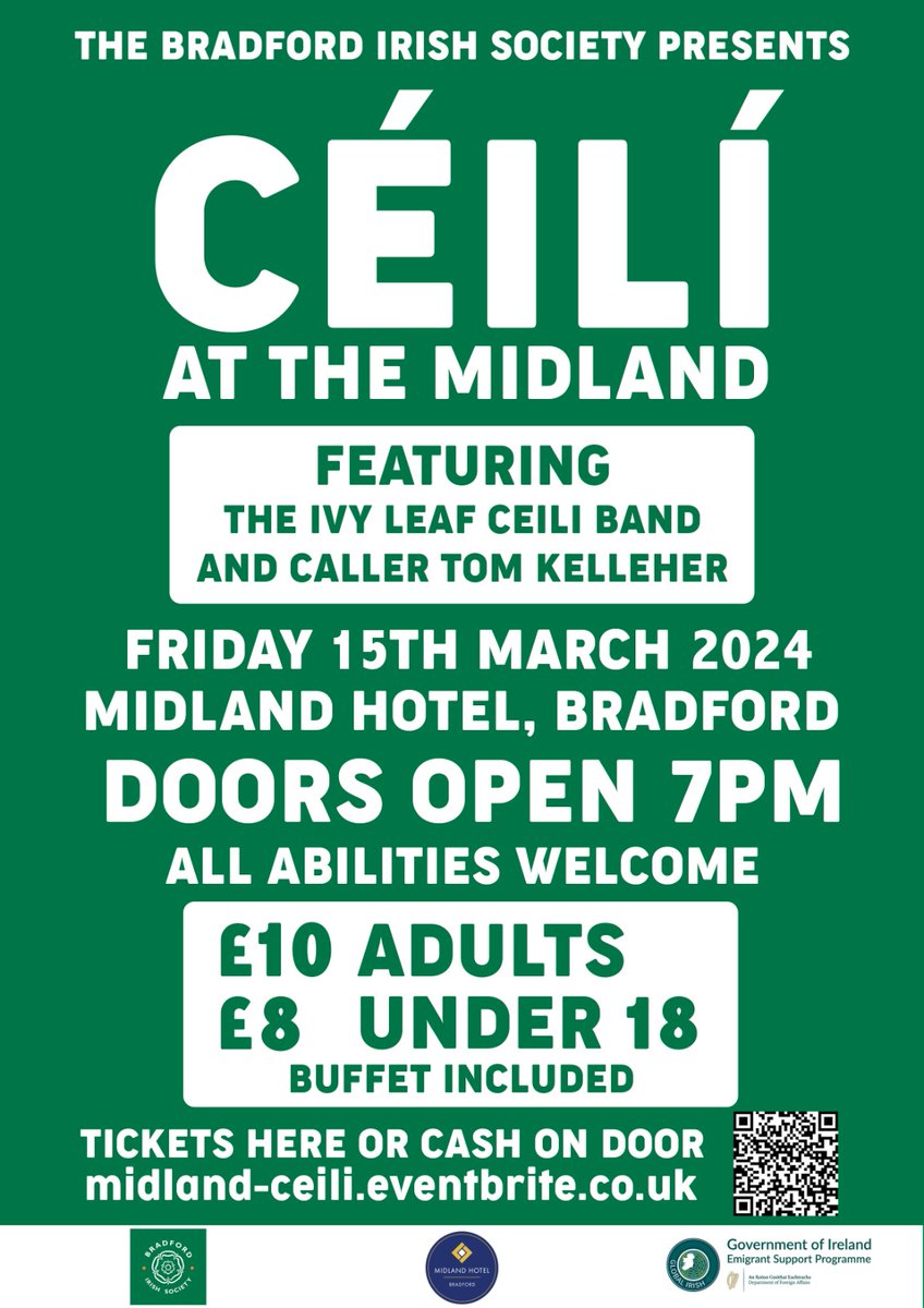 BfdIrishSociety's tweet photo. We're nearly there! Join us for our St Patrick's Day Céilí at @HotelMidland this Friday 15 March 2024. It'll be a fantastic night of music, dancing &amp; craic! Doors open at 7pm
Get your tickets here 👇 https://t.co/g8TUC90QEi or pay cash at the door. https://t.co/RG9pCJz9rX