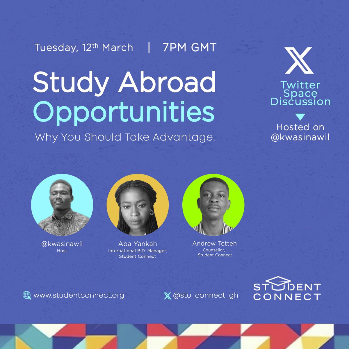 AbsoluteMessi_'s tweet photo. Don’t forget to tune in to my space today as I have a conversation with @andreweagle20 and @aba_yankah of @STUConnect as we discuss the opportunities of studying abroad.
Happening at 7pm today. Don’t miss it for anything. #StudyAbroad #StudentConnect https://t.co/uXg0aMd2uQ