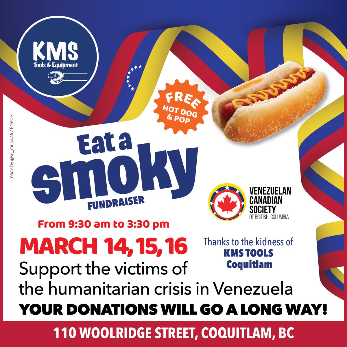 🌭🇻🇪 ¡Únete y apoya a Venezuela en nuestro evento solidario Eat-A-Smoky en @kmstools Coquitlam! Del 14 al 16 de marzo, de 9 AM a 3 PM. Disfruta de hot dogs y bebidas gratis mientras donas para aliviar la crisis. ¡Tu ayuda es vital! #RecaudaciónDeFondos #ApoyaAVenezuela