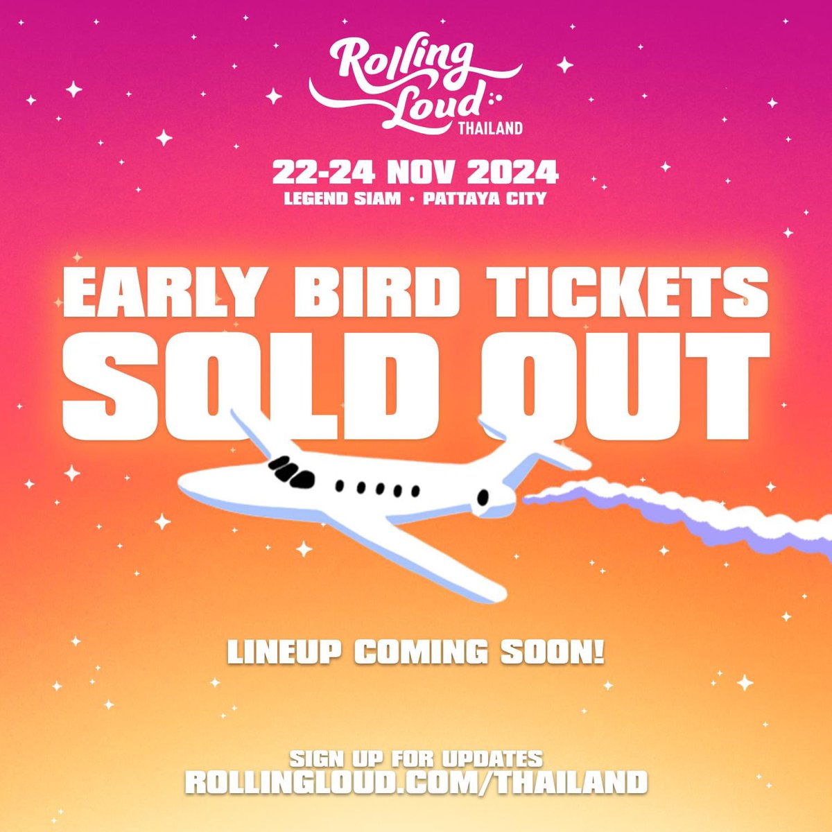 ขอบคุณทุกคนการตอบรับชาวฮิปฮอป! Rolling Loud Thailand 2024 เตรียมระเบิดความมันส์ไปด้วยกัน พบกับ Line up สุดเดือดเร็ว ๆ นี้ 😈 . Wow, shoutout to everyone tapping in early 😎 EARLY BIRD TICKETS ARE SOLD OUT! We got you. Thailand 2024 Lineup coming soon! SIGN UP FOR UPDATES 👉