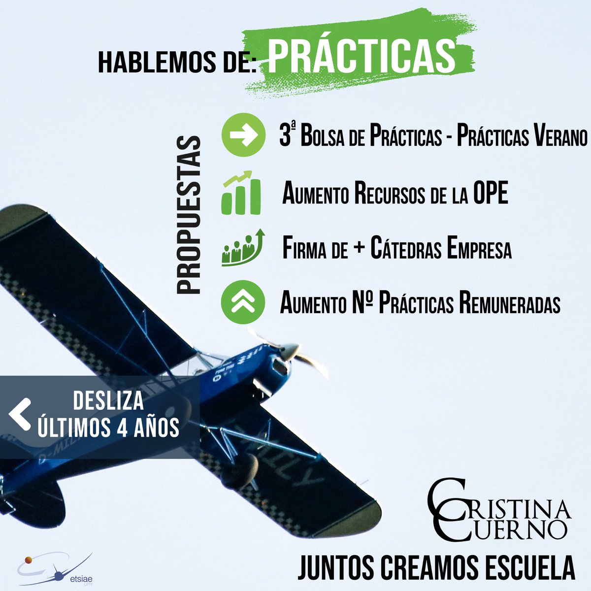 📌Hablemos de… PRÁCTICAS

Conoce el CAMBIO de la Escuela durante estos 4 años y como me gustaría que siga CRECIENDO.

➕Prácticas 
💰 Remuneradas
📝 Nuevos convenios con empresas como Iberia y el Ejército del Aire y del Espacio
👨🏻‍💻 Más recursos para la OPE

#JuntosCreamosEscuela