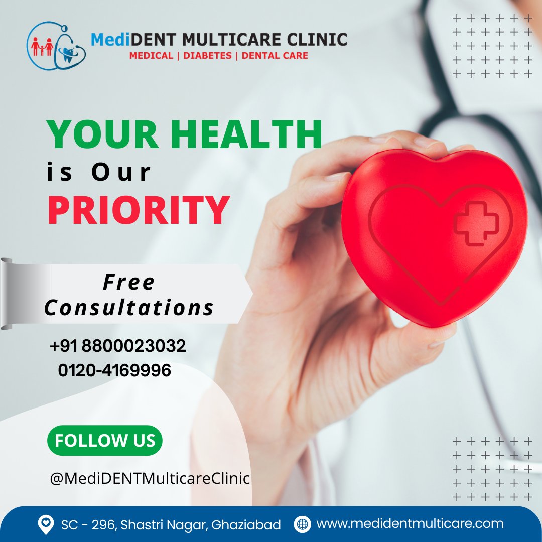 MedidentCare's tweet image. Don't compromise on your health! Visit #MediDENT #Multicare Clinic for the best medical, diabetic, and dental care in Shastri Nagar, #Ghaziabad. 
Contact us today for a free consultation. Call us now at +91-8290582582 or 0120-4169996, or visit our website: medidentmulticare.com
