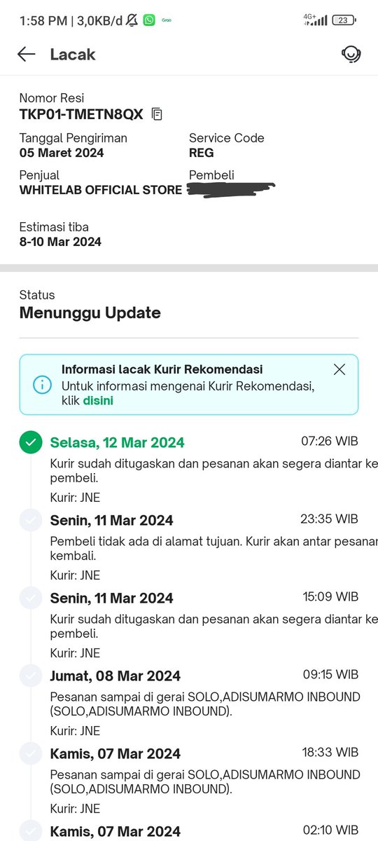 userunknownuniq's tweet photo. @JNECare @JNECare  woi udh tgl 12 nih ga sampe sampe paketnya estimasi terakhir tgl 10 maret, dan juga statusnya kenapa kemarin tertulis kalo pembeli tidak ada di rumah, padahal saya seharian dirumah kacau nih nipu org https://t.co/JJptAX7mpJ