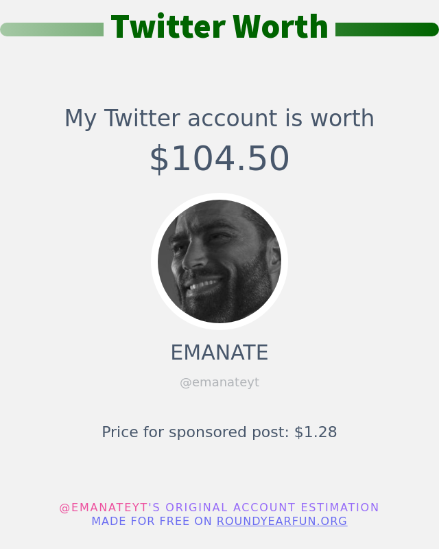 emanateyt's tweet photo. My Twitter worth is: $104.50

➡️ https://t.co/VwQavVXwAs https://t.co/SHO96pSyF9