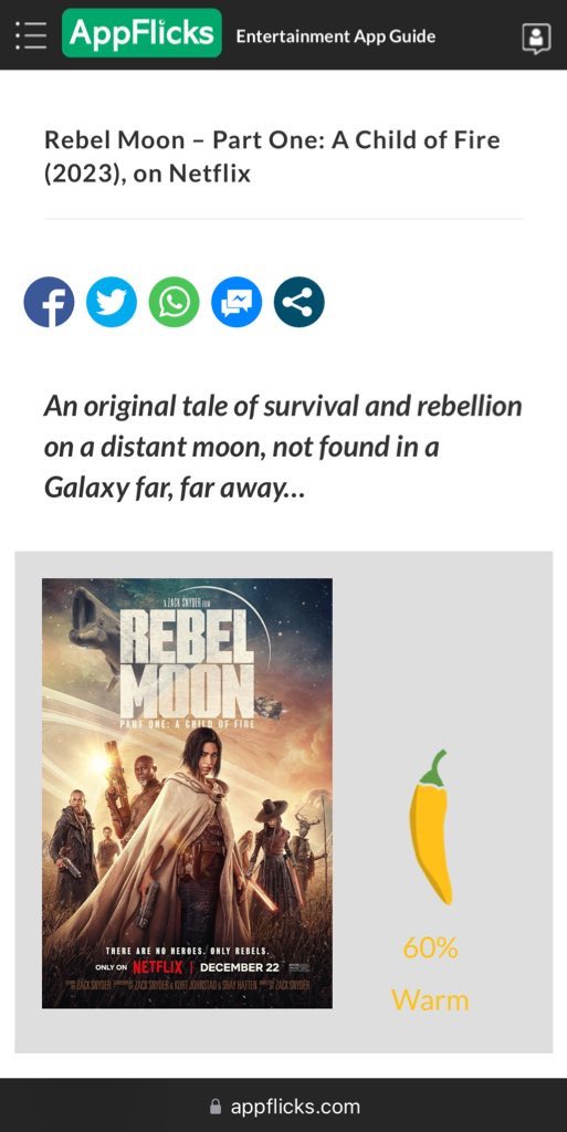 RonaldVining's tweet photo. 🎬🍿📺 Icy or Spicy? #REVIEW: @RebelMoon - Part One: A Child of Fire (2023), @Netflix. #JackSnyder brings an original tale of survival & rebellion on a distant moon, not found in a Galaxy far, far away…
❄️⚖️🌶 I give #RebelMoon 3/5 JoulePeppers - it’s Warm!
Click for #Streaming fan-created #TV & #Film Reviews on @AppFlicksTV ☛ 
https://t.co/YhkHCbCtSm
