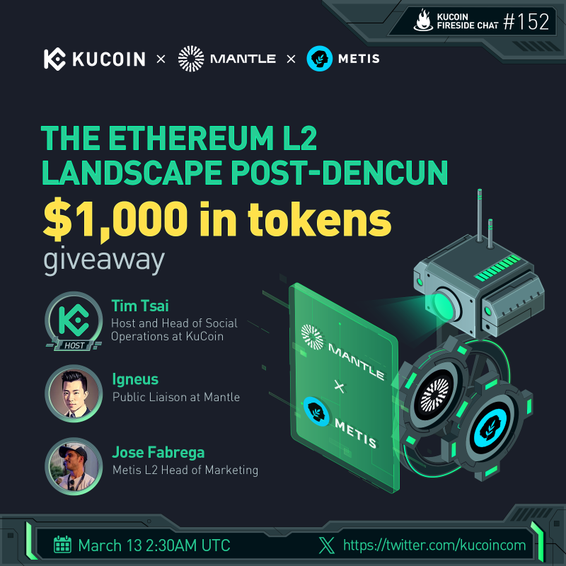 kucoincom's tweet photo. 🚀 Dive into the future of Ethereum's L2 post-Dencun with @MetisL2 and @0xMantle in our next Space.
 
🎁$1000 giveaway in tokens (10 winners)
 
1️⃣Follow @kucoincom, @MetisL2 &amp; @0xMantle
2️⃣RT, like &amp; tag 2 friends
3️⃣Fill: https://t.co/0XWECghlw0
4️⃣Join the space
 
✅Set a reminder