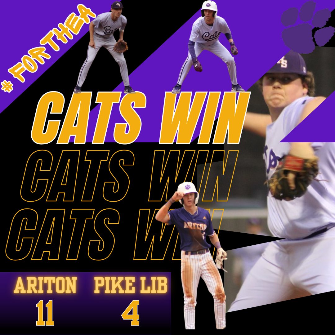 CATS WIN!! The Cats pick up the Monday night WIN at The Thad!! The Cats next matchup will be this Thursday as they travel to New Brockton!! First pitch is scheduled for 5:00!!#ForTheA #HardWorkPaysOff