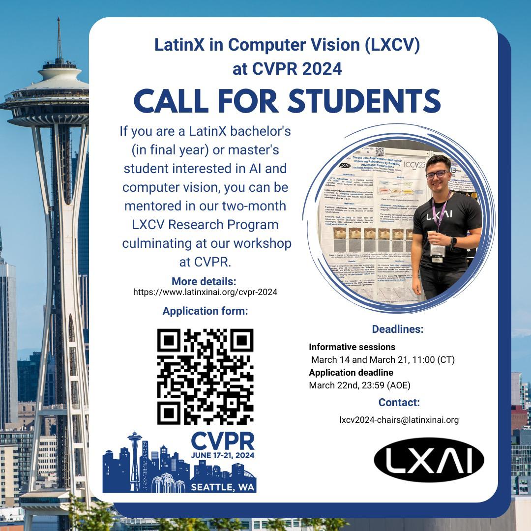 🚨 Remember to apply to apply to our super cool coaching program 🚨 We want to showcase the work done by the @_LXAI community, connect students and role models and give an oppotunty to newcomers to the field to discover @CVPR 🌐 #CVPR2024 Details: buff.ly/3Syl29o