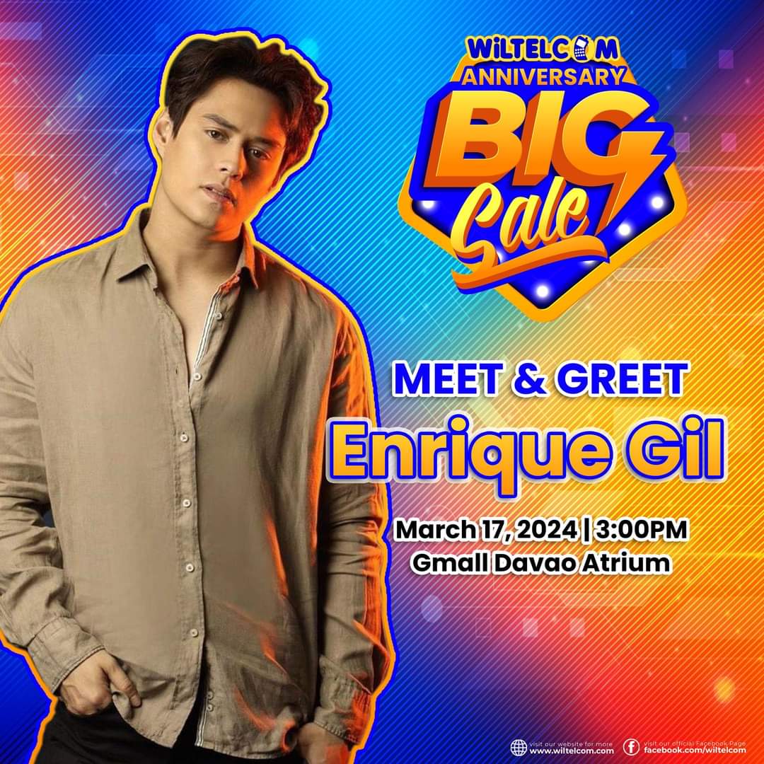 Are you ready, Davaoñeos? Our King of the Gil Enrique Gil is coming back to town to celebrate Wiltelcom's 24th Anniversary on March 17, 2024, SUN, 3PM at Gaisano Mall of Davao Atrium. Don't miss your chance to meet him. #EnriqueGilInDavao #EnriqueGil @itsenriquegil #LizQuen
