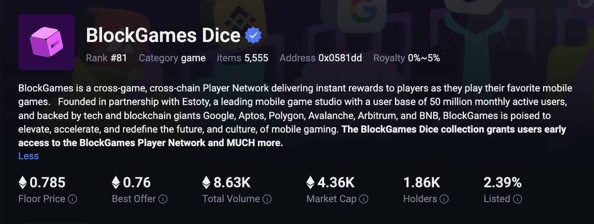 Gaming NFTs are heating up! 🔥 
Check out these 3 collections

1️⃣ <a href="/GetBlockGames/">BlockGames</a> Dice: Soared from 0.32 to 0.78 ETH in the last month. Holders get 10x social points multiplier, presale allocation &amp; 100% $BLOCK TGE unlock.

2️⃣ <a href="/CitizenConflict/">Citizen Conflict</a> Citizen Zero: Soft staking $QORPO