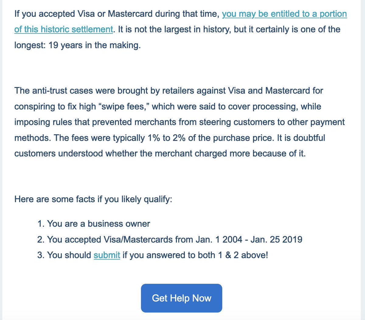 2004-2019 жж. Visa/Mastercard кабыл алган бизнесиңиз болсо, анда сиз дагы кайрылып көрүңүз, балким сизге дагы тийип калат.

topclassactions.com/lawsuit-settle…