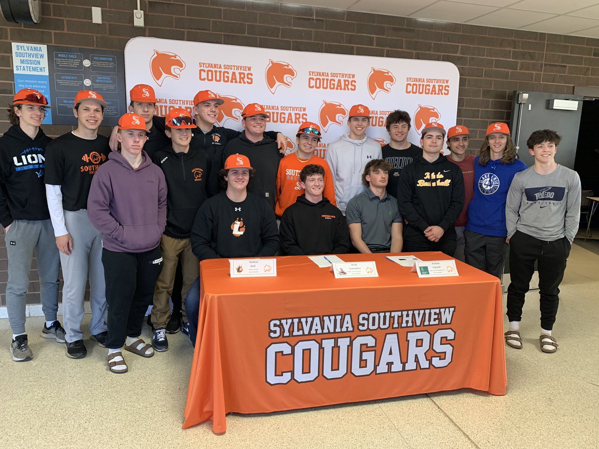 SylvaniaSouthv1's tweet photo. Special night on West Sylvania Ave. as several members of the Cougar baseball family were honored for signing on to continue their athletic careers after HS. Congrats to @KodyGalambos (@INTechBaseball), @NathanSchnell8 (@wilmy_baseball) and @NateBall8856 (@BaseballLourdes) https://t.co/pDpy4LWKnk