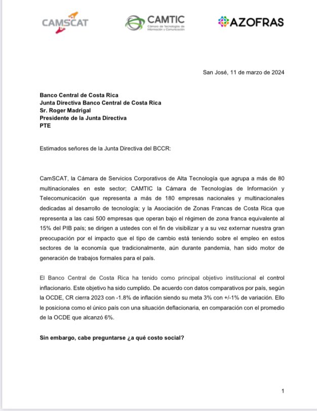 i_barrantes's tweet photo. Este comunicado de CAMTIC, CAMSCAT y AZOFRAS no deja dudas de que estamos ad portas de un problema mayúsculo.

El tipo de cambio está matando al sector productivo. (1/2) https://t.co/CobvJYC0NG