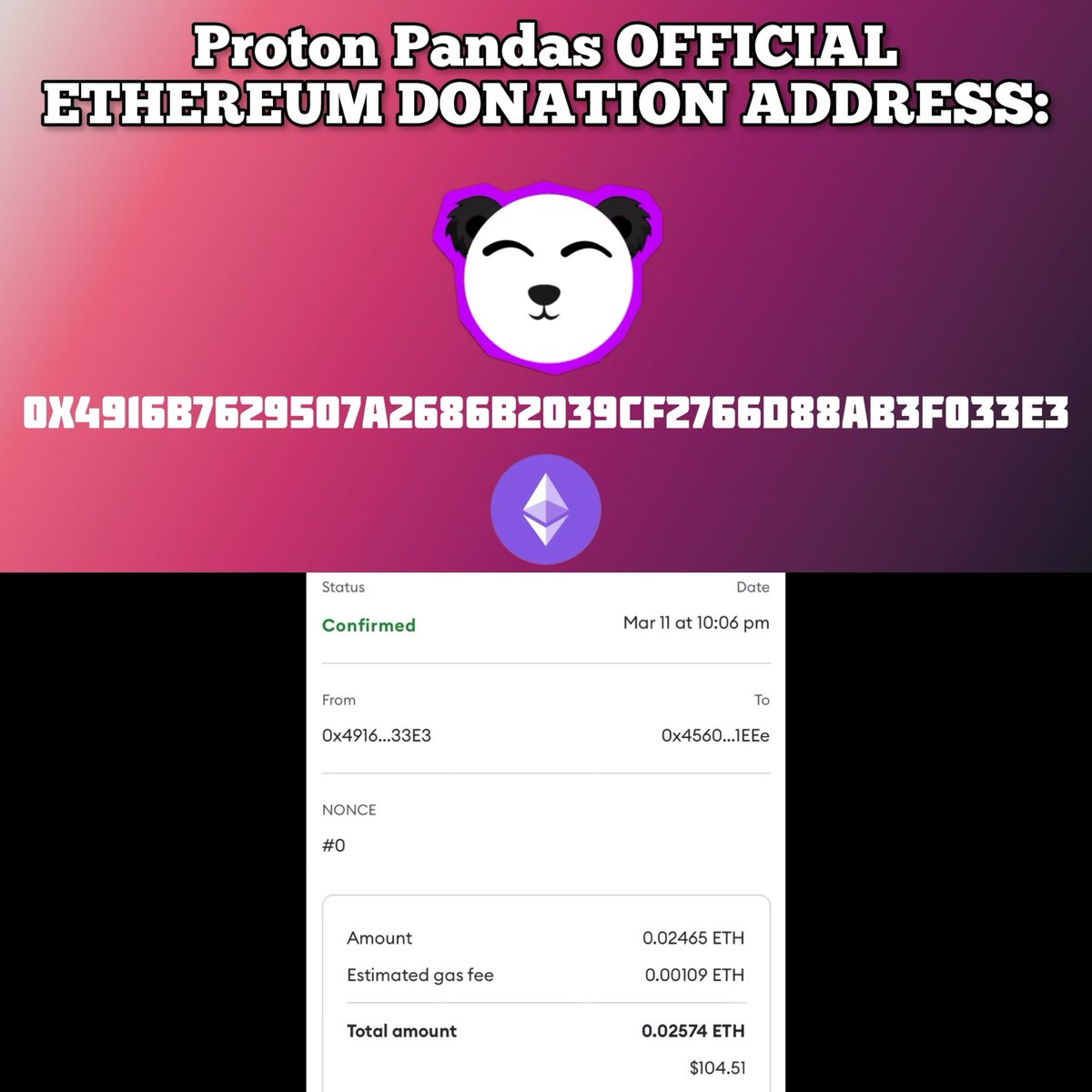 Celebrating 100 hodlrs of <a href="/PandaCoinPDA/">PandaCoin</a> 🐾 
We’ve donated $100 of $ETH to <a href="/TheWCS/">WCS</a> 🐼🌎

To date we’ve donated $200 between <a href="/WWF/">WWF</a> &amp; WCS
Thanks to community support of #ProtonPandas #NFTs together we can shape a better future 🤝

$XPR $PDA

Below ⬇️ is our official #Ethereum address