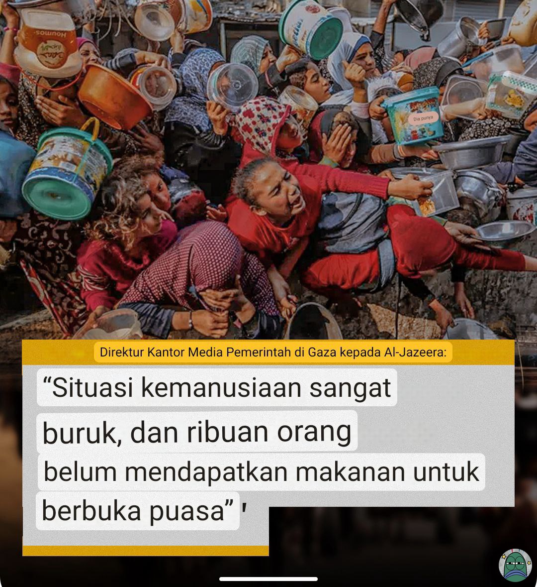 tanyarlfes's tweet photo. YUK JANGAN KENDOR RETWEET TENTANG MEREKA. KLIK ACC JURNALIS BANTU SEBARIN 💔

mereka puasa tapi ngga bisa berbuka juga 😭😭😭😭💔 yang bisa amal, ke @.-careforgaza ya 💚 https://t.co/u6DRj5W7Ye