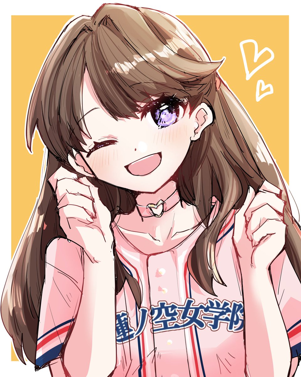 1girl solo one eye closed brown hair long hair heart smile  illustration images