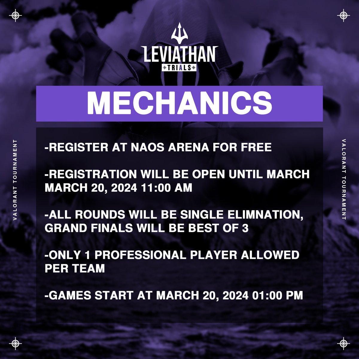 NaosEsports's tweet photo. Introducing the Leviathan Trials - A one-day VALORANT tournament hosted by NAOS Esports. Register now at @naosarena 

When: March 20, 2024
Registration: March 12 - 20, 2024
Prize pool: ₱24,000
Format: BO1 series, BO3 finals

** 1 Pro-player per team only

#NAOStheTime #TheTrials https://t.co/w6TysOkbPH