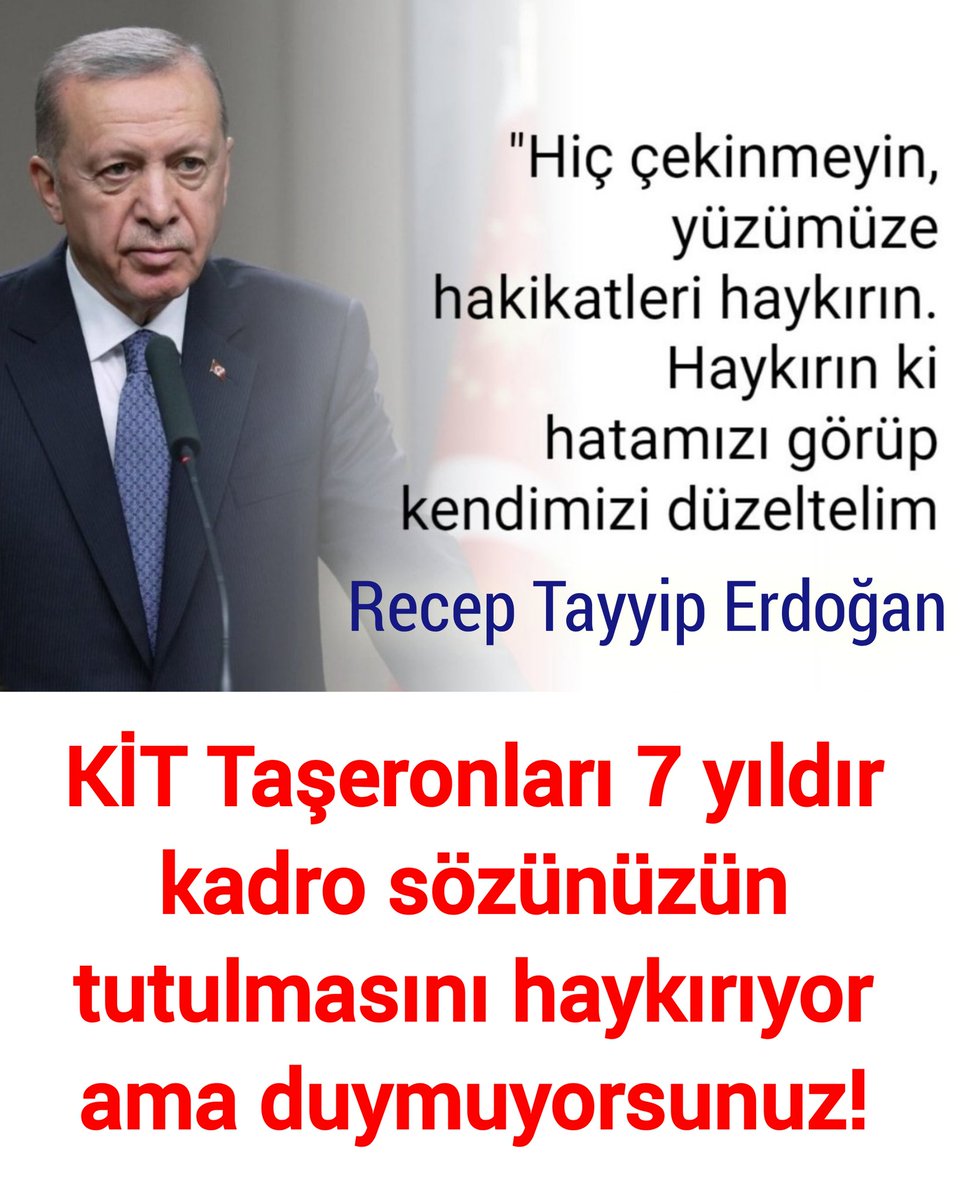 KİT Taşeronları olarak biz 7 yıldır kadro sözünüzün tutulmasını haykırıyoruz ama bizi duymuyorsunuz. 
<a href="/RTErdogan/">Recep Tayyip Erdoğan</a> 
<a href="/Akparti/">AK Parti</a>
<a href="/_cevdetyilmaz/">Cevdet Yılmaz</a> 
<a href="/isikhanvedat/">Prof. Dr. Vedat Işıkhan</a> 
<a href="/vedatbilgn/">Vedat Bilgin</a> 
<a href="/fatih_donmez/">Fatih Dönmez</a> 
<a href="/dbdevletbahceli/">Devlet Bahçeli</a>