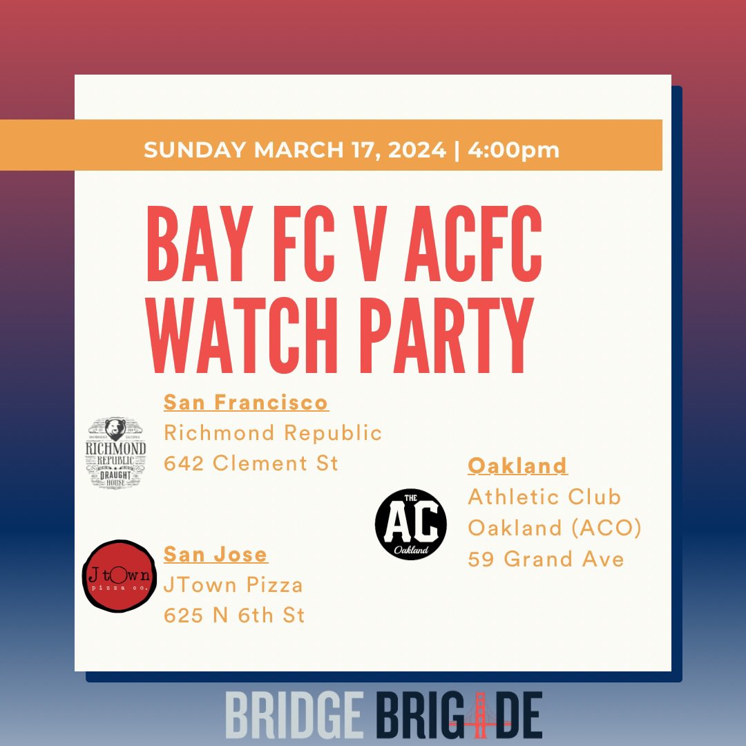 So <a href="/wearebayfc/">Bay Football Club</a> PLAY A GAME THIS WEEK! 
SUNDAY MARCH 17 @ 4pm (kick off at 4:30)! Come join one of our watch parties at Richmond Republic in SF, Athletic Club Oakland, of JTown Pizza in San Jose.