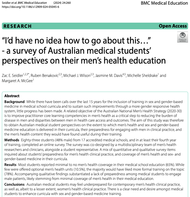 Our new paper out today reports on @MovemberAUS data from a medical student survey exploringhow they felt about the men's health education they received throughout their degree. The results were stark and worrying, but not overly unexpected.🧵 LINK: bmcmededuc.biomedcentral.com/articles/10.11…