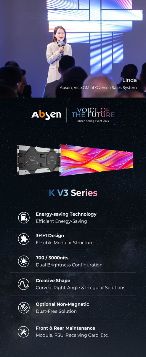 LEDAbsen's tweet image. Connect Creatively, Unleash imagination with Absen’s K V3 Series！
Linda, Vice GM of Overseas Sales System at Absen, provided a comprehensive overview of the exceptional features of the K V3 Series at the Spring Event. 
#leddisplays #ledscreens #ledpanels #microled #proav