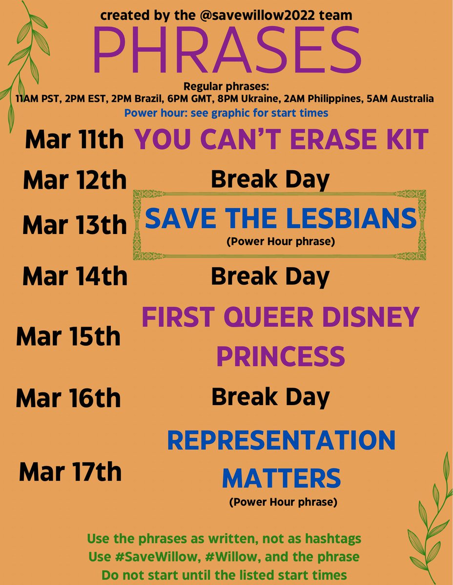 ‼️Power hour phrase‼️

Round two of our power hour phrase SAVE THE LESBIANS starts now!! 🔥 let's go questies and friends!!! 💪 if you're participating in this round, tweet the phrase and tags as much as you can ❤️ #SaveWillow #Willow #SaveALOTO #SaveStation19 #SaveROTPL
-finley