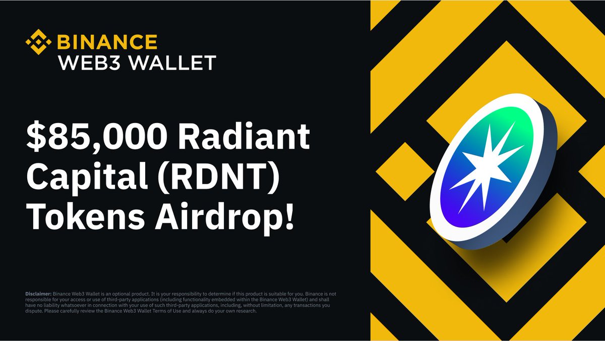 Binance (@binance) on Twitter photo Our latest #Binance Web3 Wallet airdrop is here! 🪂
Claim your share of $85,000 in $RDNT by completing activities with <a href="/RDNTCapital/">Radiant Capital</a> using the wallet.
Get started ➡️ binance.com/en/activity/mi… Our latest #Binance Web3 Wallet airdrop is here! 🪂
Claim your share of $85,000 in $RDNT by completing activities with <a href="/RDNTCapital/">Radiant Capital</a> using the wallet.
Get started ➡️ binance.com/en/activity/mi…