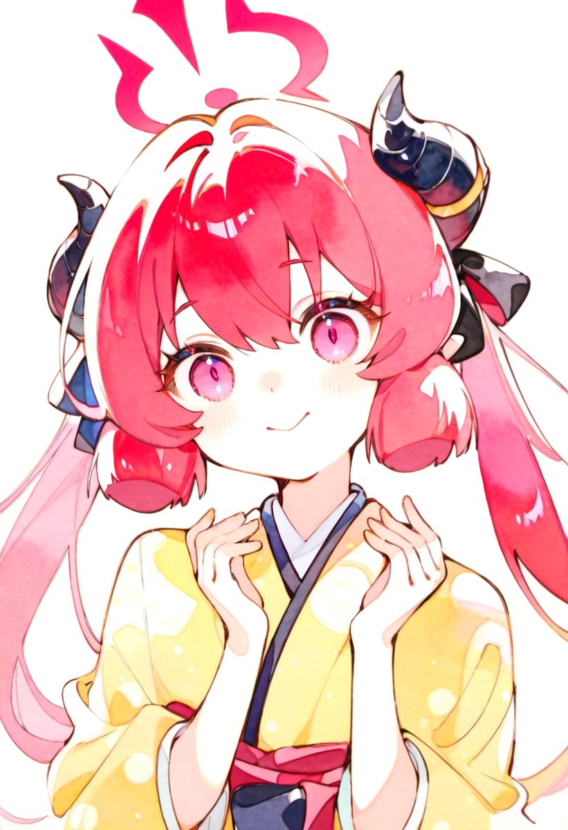 junko (blue archive) 1girl solo horns yellow kimono japanese clothes halo kimono  illustration images