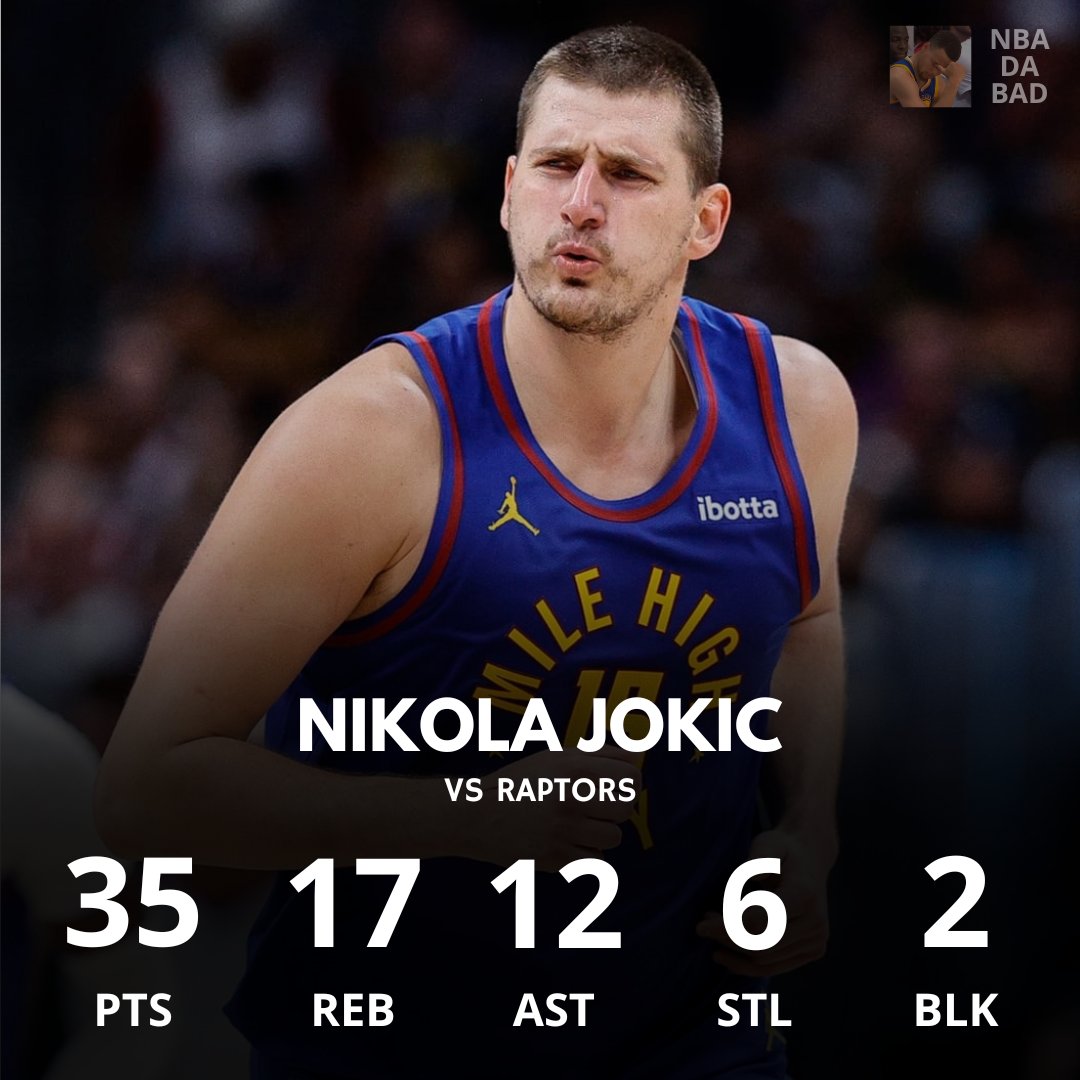 UMA ATUAÇÃO HISTÓRICA DE NIKOLA JOKIC!

A PRIMEIRA VEZ NA HISTÓRIA DA NBA QUE UM JOGADOR CONSEGUE PELO MENOS:

35 PONTOS
15 REBOTES
10 ASSISTÊNCIAS
5 ROUBOS DE BOLA
2 TOCOS

O DENVER NUGGETS TIRA UMA DESVANTAGEM DE 22 PONTOS E VENCE O RAPTORS!