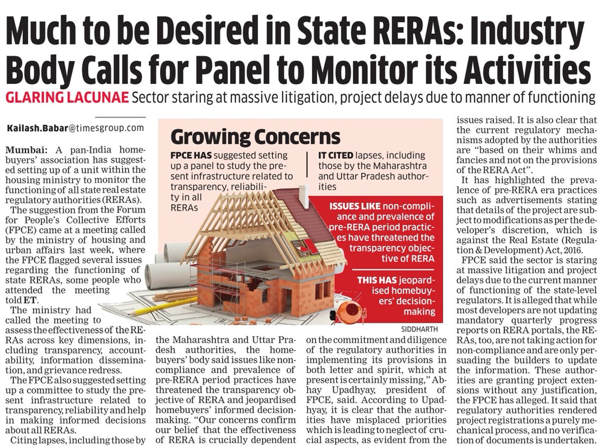 #Homebuyers' body <a href="/FightForRERAInd/">Forum For People's Collective Efforts (FPCE)</a> raises issues related to #RERA functioning with <a href="/MoHUA_India/">Ministry of Housing and Urban Affairs</a>, suggests setting up a unit to #monitor functioning of all state #realestate #regulatory authorities.  
realty.economictimes.indiatimes.com/news/rera/home… <a href="/EconomicTimes/">Economic Times</a> #RERA #homebuyers