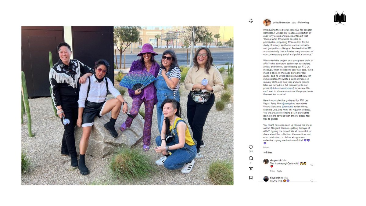 BangtanScholars's tweet photo. #BangtanRemixed: A Critical BTS Reader
Get to Meet the Editors behind the book and follow on Instagram!
https://t.co/qtmRkNUWmm
We can't wait for the release!!
#ACriticalBTSReader #BTSResearch https://t.co/BmrtMwxt0Q