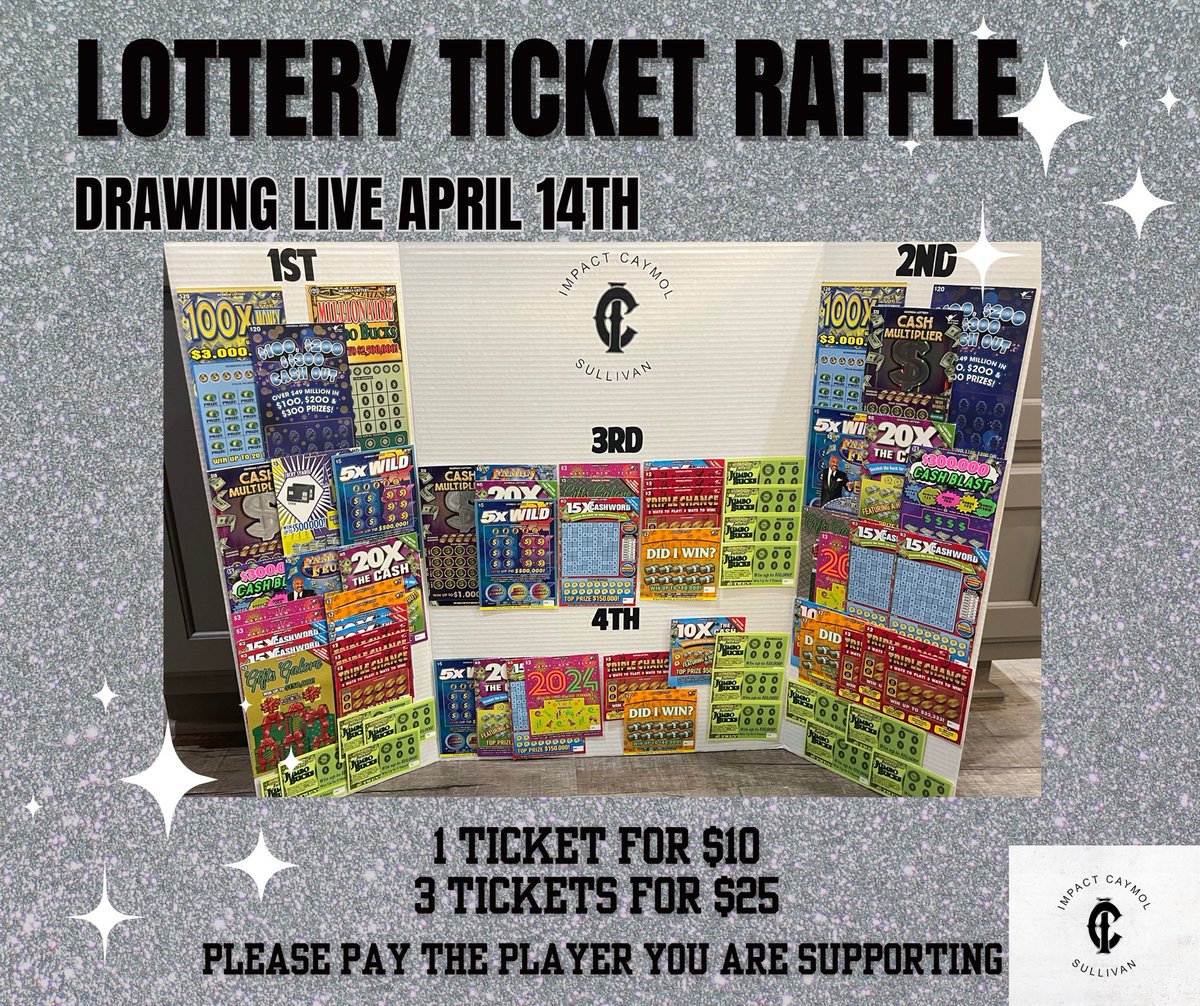 Impact_Sullivan's tweet photo. Who doesn’t love lottery tickets?!?
4 winners in our lottery ticket raffle.
1 ticket for $10
3 tickets for $25
Please pay the player you are supporting.
Best of luck to you all!
We appreciate your support. https://t.co/codUIpw3U4