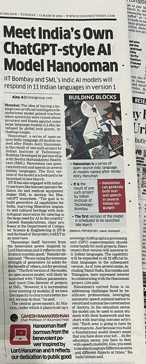 IIT Bombay and SML have developed a Large Language Model for Indian languages called Hanooman. This 7 billion parameter LLM can converse in 11 Indian languages. It will be scaled up to converse in 22 official languages soon. Source: @EconomicTimes #LLM #AI