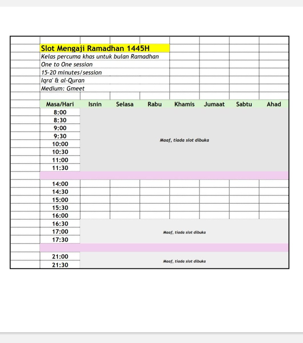KELAS MENGAJI PERCUMA RAMADHAN 1445H ❤️

Khas untuk wanita sahaja. Slot kosong adalah seperti dalam jadual. 

✅ 1 to 1 session
✅ 15-20 minutes/session
✅ Max 2 slots/person
✅ Medium: GMeet ONLY 
✅ Iqra' and al-Quran
✅ Code: PromoRamadhan

Klik sini:
wa.link/ay6ybj