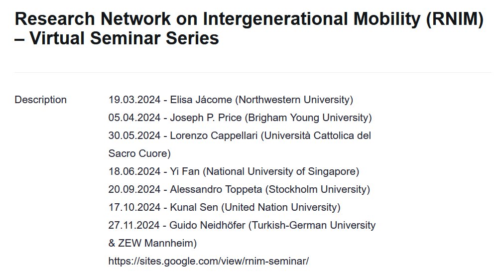 GNeidhofer's tweet photo. News from the Research Network on Intergenerational Mobility: Latest lineup of speakers for the #RNIM Virtual Seminar Series! 🌟
🗓 Mark your calendars & register now!
🔗Registration Link: https://t.co/uQrPQhwDIU
Please share this news widely. https://t.co/3IFsOEyRFs