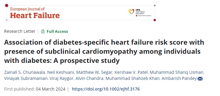 Our research letter in #EJHF highlighting the significance of WATCH-DM score in identifying subclinical cardiomyopathy among individuals with DM! A special thank you to @ambarish4786 for the great mentorship! onlinelibrary.wiley.com/doi/10.1002/ej…