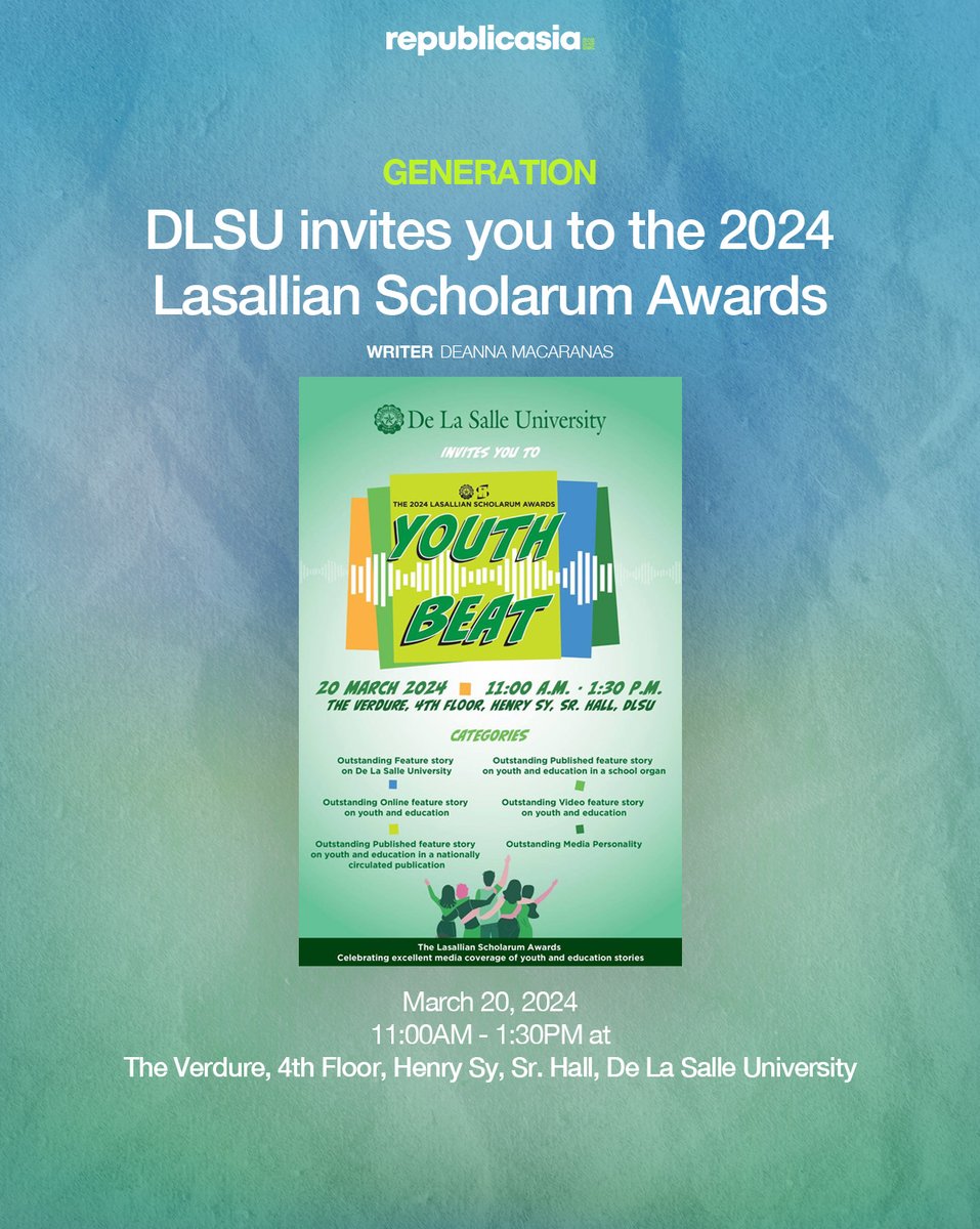 GREEN AND BRIGHT 🤩💚

The 19th Lasallian Scholarum Awards (LSA) is set on March 20 to recognize outstanding media coverage of the youth and education sectors. | #republicasia #LSA2024 #MediaExcellence #DLSU

READ: republicasiamedia.com/youth-beat-dls…