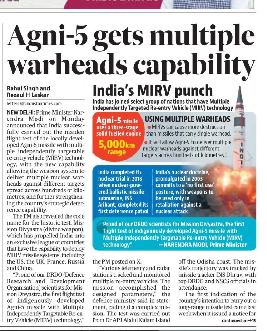 SidharthNSingh's tweet photo. DRDO's new launch of mission #Divyastra and testing of #AGNI-5 missile with MIRV technology making it capable to launch bulk #atomicweapons simultaneously. I Heartily Congratulate Hon'ble PM shri @narendramodi ji & the entire team of #DRDO for this commendable success. https://t.co/KXy7kcBswc