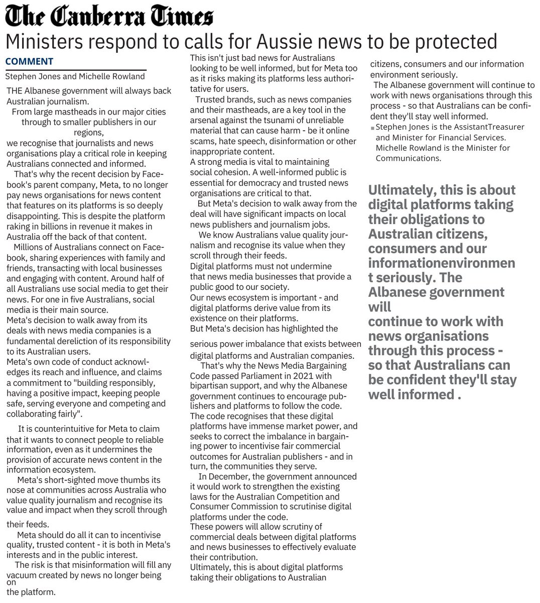 Stephen Jones (@stephenjonesmp) on Twitter photo The recent decision by Meta to no longer pay news organisations for news content that features on its platforms is deeply disappointing.
Details from <a href="/MRowlandMP/">Michelle Rowland</a> and I in the <a href="/canberratimes/">Canberra Times</a> about the Albanese Government's commitment to back Australian journalism. The recent decision by Meta to no longer pay news organisations for news content that features on its platforms is deeply disappointing.
Details from <a href="/MRowlandMP/">Michelle Rowland</a> and I in the <a href="/canberratimes/">Canberra Times</a> about the Albanese Government's commitment to back Australian journalism.