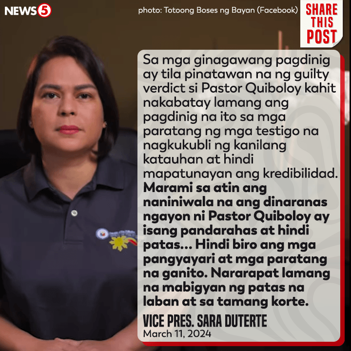 News5PH's tweet photo. Sa isang video na ipinost ng "Totoong Boses ng Bayan" ng SMNI, ipinagtanggol ni Vice Pres. Sara Duterte si Kingdom of Jesus Christ #KOJC leader Pastor Apollo Quiboloy sa gitna ng mga kinahaharap na alegasyon laban sa kaniya. https://t.co/WWpStbPG9P