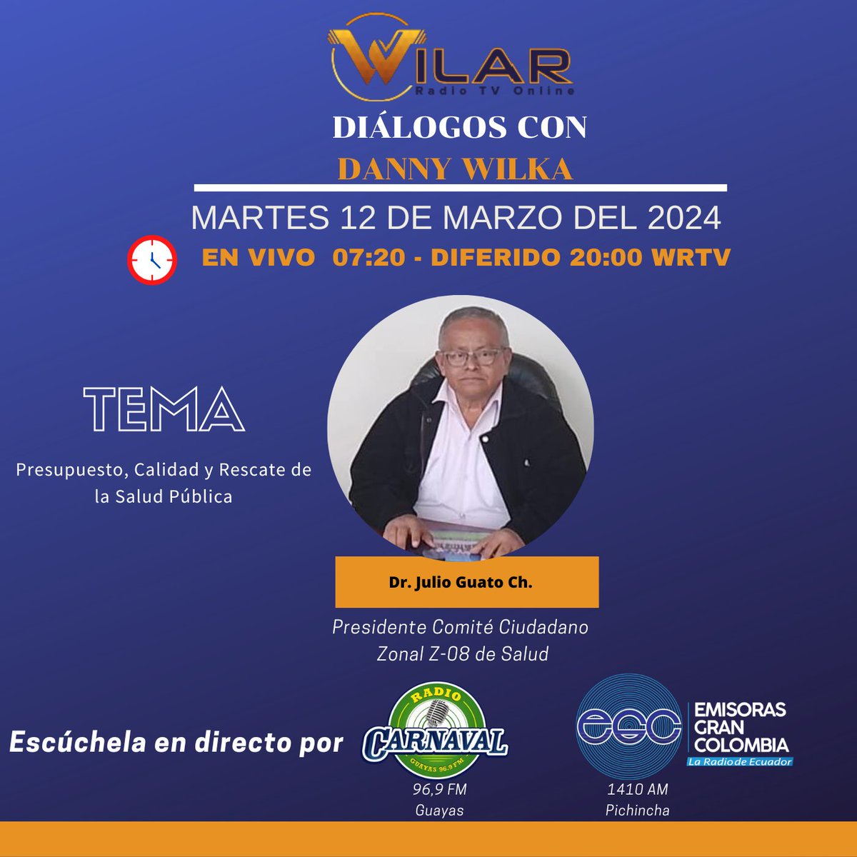 Atención: Mañana martes 12 de marzo, en el Noticiero al Día dialogaremos con el Dr. Julio Guato, están cordialmente invitados.